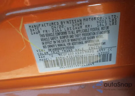 2022 Nissan Sentra Sr from USA, damaged, VIN 3N1AB8DVXNY265849